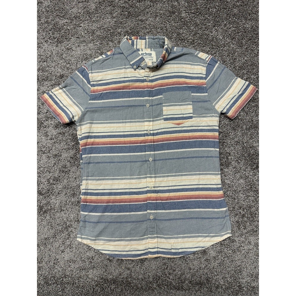 Men's Medium Urban Pipeline Striped Beach Vacation Button Up Short Sleeve Shirt